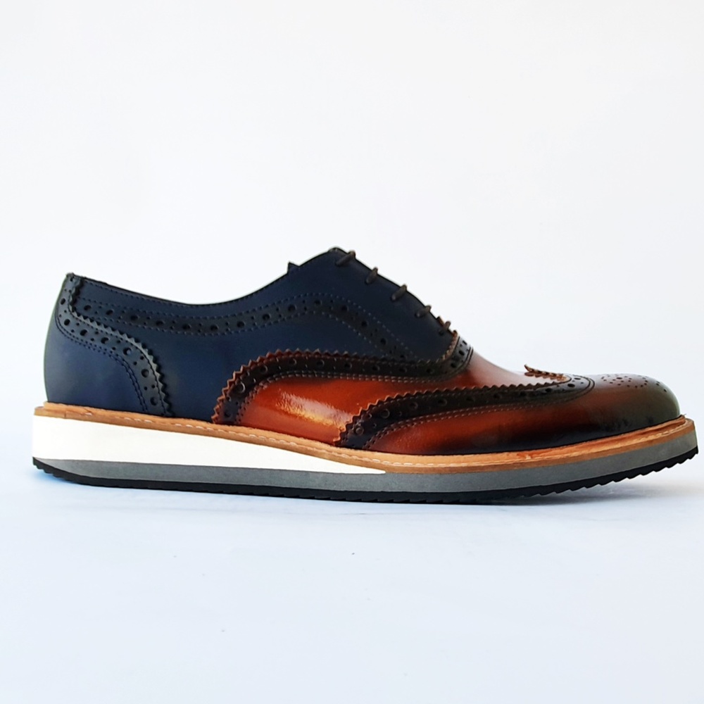 Zoppo Brown-Navy Blue Men's Wingtip Genuine Leather Oxford Dress Shoes - Picture 3 of 5